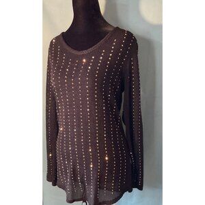 Vocal Womens Black Mesh Long-Sleeve Top With Studded Rhinestone Detailing SIZE M